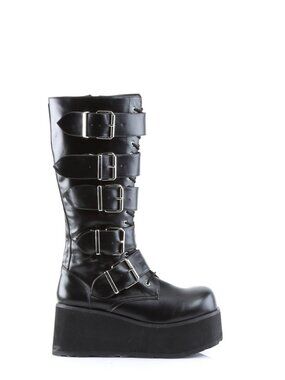 Black Vegan Leather Lace-Up Knee High Boots with Buckle Straps